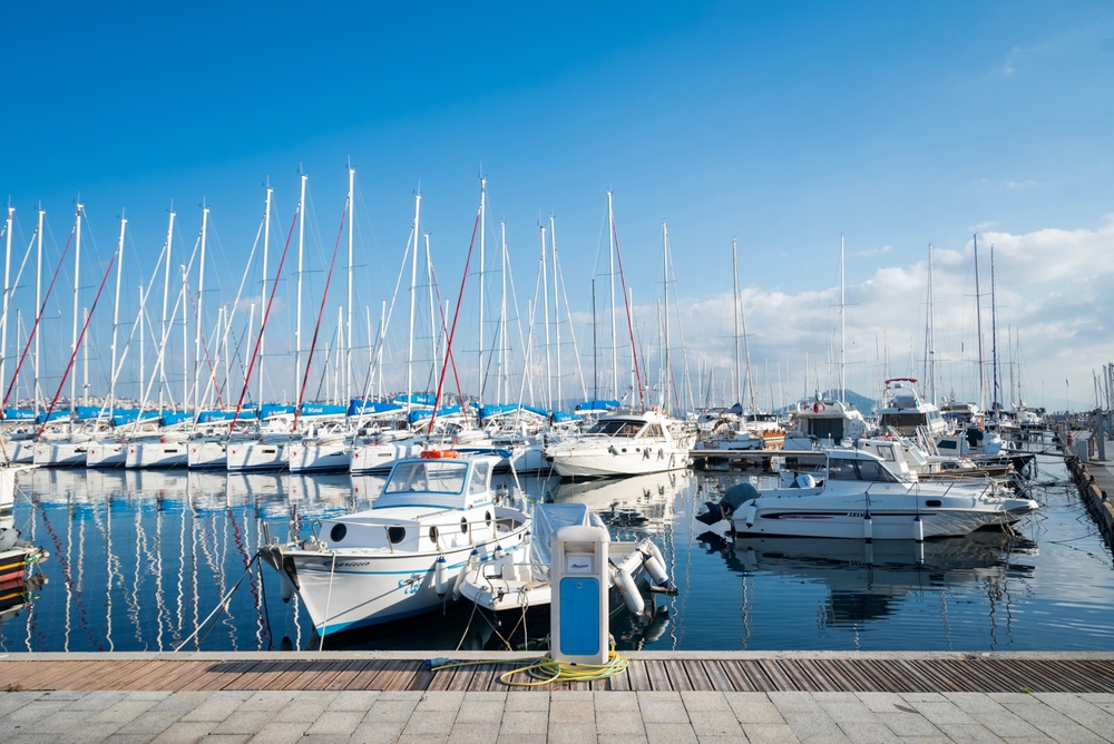 View of the island's coastline with boats at the dock