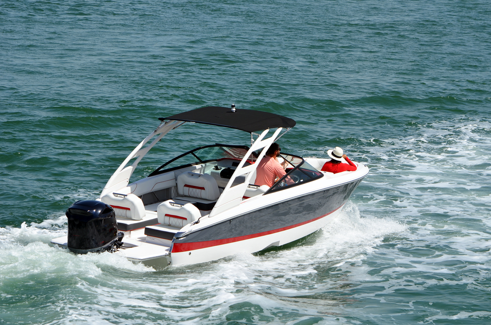 A high-end motorboat powered by an external engine.