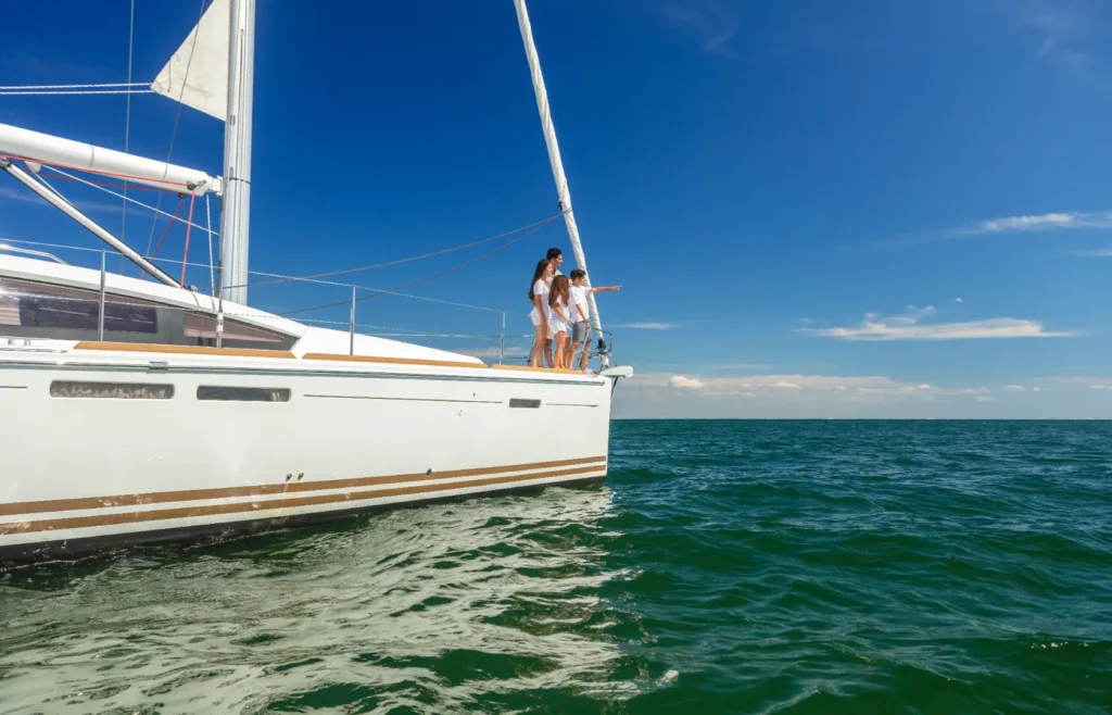 A group of people doing sight seeing on a catamaran